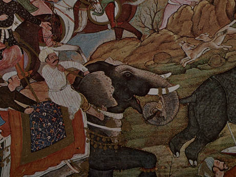 Bābur hunting rhinoceros near Bigrām (Peshawar)