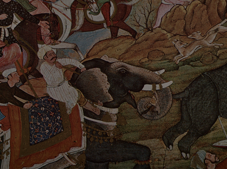 Bābur hunting rhinoceros near Bigrām (Peshawar)